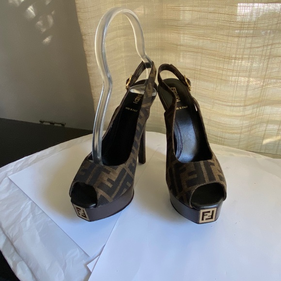 Fendi heels ankle strap 36.5 Italy open toe pumps monogram canvas clogs platform - Picture 5 of 10